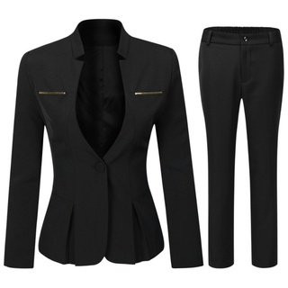 Allthemen Hosenanzug (2 tlg) Damen Eleganter Business Anzug Set mit einem Knopf schwarz L