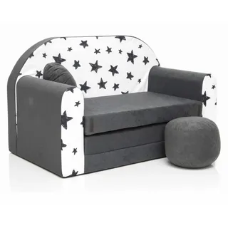 All4All Kindersofa - Klappsofa - Schlafsofa 3in1 - Velo - Spielsofa für Kinder - Sofa zum Aufklappen - mit Pouf - faltbar - zum Schlafen – Schaumstoff Sofa (AC1 Grau + Sternen)