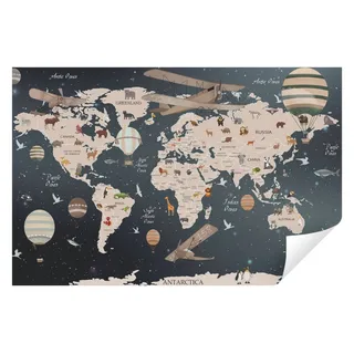 Wallarena Fototapete Kinderzimmer Weltkarte Flugzeug Ballon Kinder Junge Jungenzimmer, Glatt, Weltkarte, Tapete inklusive Kleister Vliestapete Motivtapete 1.52 m x 1.04 m