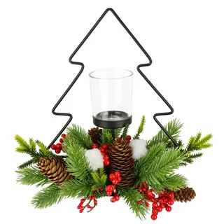 I.GE.A. Teelichthalter Dekofigur Metall-Tannenbaum mit Glaseinsatz (1 St), Tannenzweige Zapfen Kerzenhalter Dekolicht Weihnachtsdeko Windlicht grün|rot