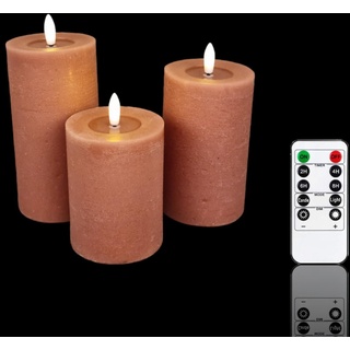 Meisterhome® 3er-Set Flammenlose LED Kerzen - Altrosa - Rustik Design Stumpenkerze - mit Fernbedienung – mit Timer - Batteriebetrieben – Warmweiß - 10/12,5/15 cm hoch - mit flackernder Flamme