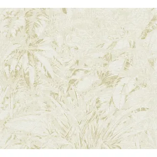livingwalls Palmenblatt-Vliestapete – Beige, Weiß, Gold – 10,05 x 0,53 m | Florales Palmenblatt-Motiv als natürlicher Blickfang – matte Motivtapete, einfach zu verkleben & spurlos abziehbar