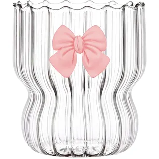 Gyrategirl Gerippte Glastassen mit Bowknot Vintage Gewellte Trinkgläser Wassergläser Geriffelte Glaswaren Cocktailglas Niedliche Glastassen Ripple Glaswaren Gerippte Trinktasse Kaffee Whiskey