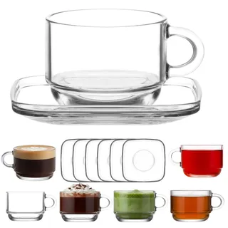 vienberg Cozy Glas Tassen Set 12-teilig – 6 Glas-Tassen mit Henkel (270 ml) + 6 Glas-Untertassen – Stapelbar, Bleifrei, Made in Europe, Für Kaffee, Cappuccino, Latte, Tee & Matcha, Tee Set Tasse