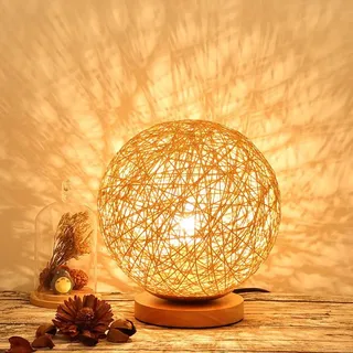 AoLa Kugel Tischleuchte Akku Kabellos Tischlampe Holz Handgewebt Kugel Boho Rattan Laterne LED Touch Nachttischlampe Dimmbar Kleine Lampe Batterie Nachtlampe Schlafzimmer Deko Kinderzimmer Lampe