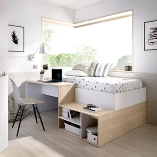 Dmora - Kinderbett Cervino, Einzelbett für Schlafzimmer, Set mit Schreibtisch und Regalen, 134 x 195 x 73 cm, Weiß und Eiche