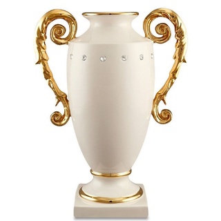 Casa Padrino Barock Vase Elfenbeinfarben / Gold 28 x 18 x H. 36 cm - Prunkvolle handgefertigte & handbemalte Keramik Blumenvase mit Swarovski Kristallglas