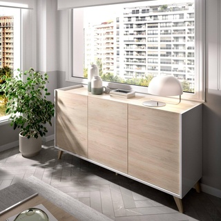 Dmora Avez Sideboard, Buffet, Moderne Anrichte für Wohnzimmer mit 3 Türen, 155 x 43 x 75 cm, Technisches Holz, Eiche und Weiß