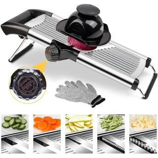 Gemüsehobel, Mandoline Slicer, Gemüseschneider – Verstellbare Edelstahl-Mandoline mit Scheiben-, Julienne- und Waffelschnitt, inkl. Handschuhe, Lebensmittel-Schieber und Reinigungsbürste