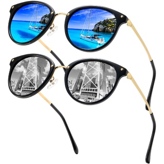 Cleoxyge Polarisierte Sonnenbrille Damen-Herren,Vintage Elegant Metallrahmen UV400-Schutz Outdoor Für Angeln Fahren Reisebrille Mode Sonnenbrille (2 Pack (Polarisierte): Blau+Silber Lens)