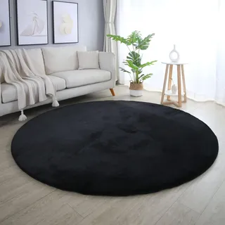SIMPEX Rabbit Hochflor Teppich Rund 120 cm Schwarz Shaggy Modern Flauschig Weich Fellteppich Kunstfell Einfarbig für Schlafzimmer Wohnzimmer Kinderzimmer