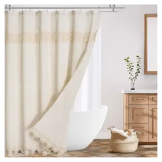 Langer Boho-Bauernhaus-Duschvorhang aus dickem Leinen-Baumwollstoff, 72x84 cm, Beige/Creme