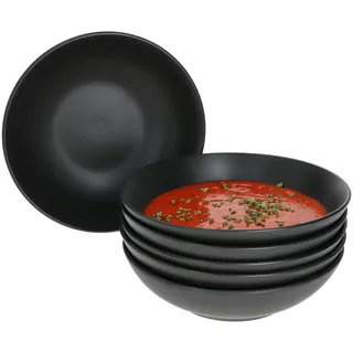 MamboCat Lampart Nero 6x Suppen-Teller Schwarz I Tiefe Teller Set für 6 Personen I Suppenteller im Modernen Ethno-Stil I Pasta-Bowl & Müsli-Schale Groß I Steingut Schwarz Matt 6 Stück
