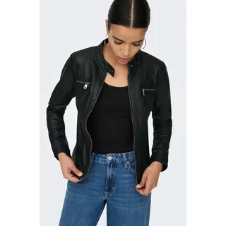 Lederimitatjacke ONLY "ONLBANDIT – Bikerjacke mit figurbetonter Form und Reißverschlüssen", Damen, Gr. 38 (M), schwarz, Web, Obermaterial: 100% Viskose. Beschichtung: 100% Polyurethan, unifarben, figurumspielend taillenbedeckt, angesetztes Bündchen, Jacken, Lederimitat