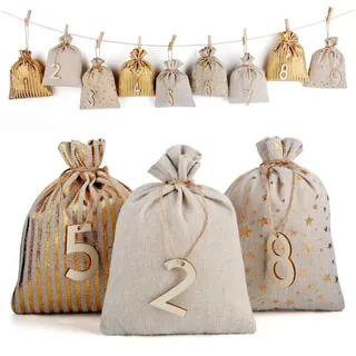 LuxusKollektion DIY-Adventskalender Adventskalender Säckchen Jute Groß 1-24 Zahlenanhänger beige|bunt