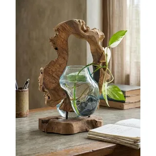 Kinaree Geschmolzenes Glas auf Wurzelholz - Glasschale auf Wurzel - Teak Holz mit Glasvase oder Schale (Glas Baumscheibe 30-40x25x20cm)