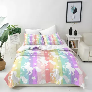 ANHOPE Weiße Einhorn Bettwäsche 135x200 cm + 1 Kissenbezug 80x80 cm | Regenbogen Pferde Sterne Muster, Bettbezug Mikrofaser mit Reißverschluss, Kinder-Bettwäsche-Set für Mädchen