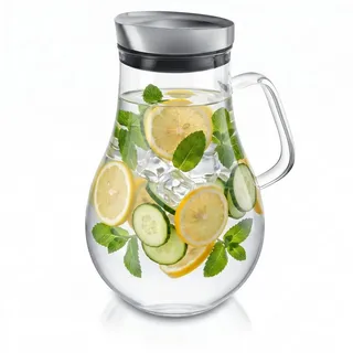 Arendo Karaffe Glaskaraffe 2,0 L, Edelstahldeckel, Henkel, Grobfilter, Wasserkaraffe, (2000 ml mit Edelstahl-Deckel, Grobfilter und ergonomischem Henkel), Borosilikatglas, 2000 ml, Sieb, hitze- und kältebeständig, BPA-frei silberfarben|weiß