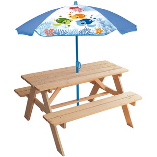 FUN HOUSE MA Petite Carapace Picknicktisch, Höhe 53 x 95 x Ø 100 cm, mit Sonnenschirm Schildkröte, Höhe 125 x Ø 100 cm, für Kinder