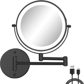 Wiederaufladbarer, Wandmontierter Schminkspiegel (mit Licht), Led-rasierspiegel, 1-fache/10-fache Vergrößerung, Doppelseitiger Kosmetikspiegel, 3-farbig Beleuchteter Badezimmerspiegel, 360°-drehung