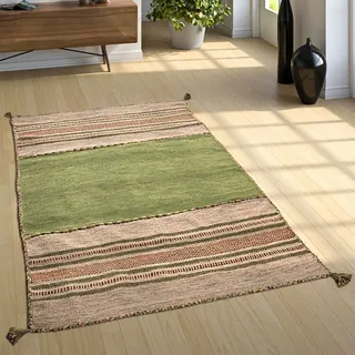 Designer Teppich Webteppich Kelim Handgewebt 100% Baumwolle Modern Gemustert Grün Grösse 240x340 cm - Grün