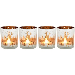 Windlichter für Teelichter aus Glas | 4 Teelichtgläser für den Adventskranz | Teelichthalter Set Weihnachtsdeko Winterdeko (Hirsche weiß)
