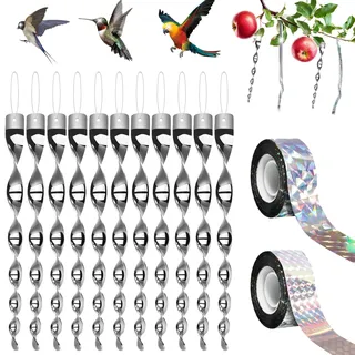 AOOWU Reflektierende Windspirale Vogelschreck Set mit 12pc Silber Reflektierende Vogelschreck und 2pc Vogelabwehr Vogelband, Specht Abwehr, Abwehr von Vögeln Kann auf Bauernhöfen, Obstgärten, Gärten