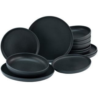 CreaTable, 22979, Serie uno BLACK, 12-teiliges Geschirrset, Teller Set aus Steinzeug, spülmaschinen- und mikrowellengeeignet, Made in Portugal