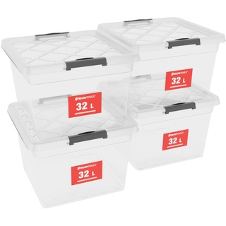 ATHLON TOOLS 4x 32 L Aufbewahrungsboxen mit Deckel, lebensmittelecht - Verschlussclips - 100% Neumaterial Plastik-Box transparent - Kleiderboxen stapelbar...