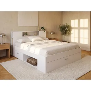 Bett mit Kopfteil, Stauraum & Schubladen + Lattenrost + Matratze - 140 x 190 cm - Weiß - LEANDRE
