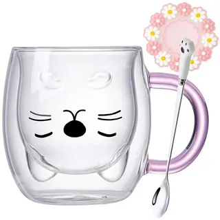 LuxusKollektion Tasse Kaffeetasse Doppelwandige Katze Gläser mit Pink Henkel beige