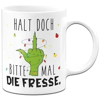 Tassenbrennerei Grinch Tasse - Grinch Tasse - Halt doch bitte mal die Fresse - Weihnachtsasse lustig - Kaffeetasse mit Spruch - Weihnachts-Deko (Weiß)