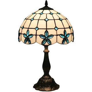 FUMAT Tiffany Tischlampe, 12 Zoll Retro Lampe, Vintage Nachttischlampe, Deko Tischleuchte, Handcraft Bunte Glas Lampenschirm, Blau Blumen Muster, Mit LED Glühbirne, für Schlafzimmer Wohnzimmer Büro