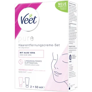 Veet Pure Haarentfernungs-Set Gesicht - Für Oberlippe, Wangen & Augenbrauen, normale Haut - Mit Bio Aloe-Vera, Vegan - 50 ml Enthaarungscreme, 50 ml Pflegecreme & Spatel