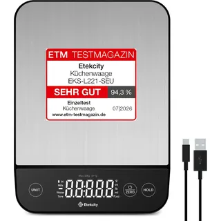 Etekcity Küchenwaage, Küchenwaage Digital 1g genau, 10kg Kitchen Scale mit LED-Display, Tare-Funktion, USB-Aufladung, Präzisionswaage für Küche, Edelstahl - 10KG - 1g -Edelstahl-Schwarz