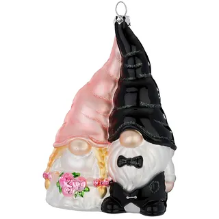 Christbaumschmuck Glas 12,5cm - Hochzeitswichtel Figur zum Aufhängen - handbemalt - Weihnachtsbaum Anhänger für Weihnachten - Christbaumanhänger & Weihnachtsbaumschmuck - Märchen Zwerge Rosa Schwarz