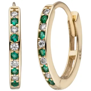 Schmuck Krone Paar Creolen Schmale Creolen, 333 Gelbgold, 20 Zirkonia grün weiß, Gold 333 goldfarben