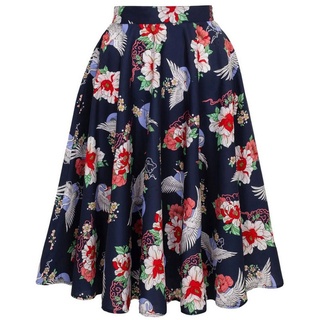 Hell Bunny A-Linien-Rock Misa 50's Swing Skirt Asiatischer Blumenmuster Vintage Tellerrock blau