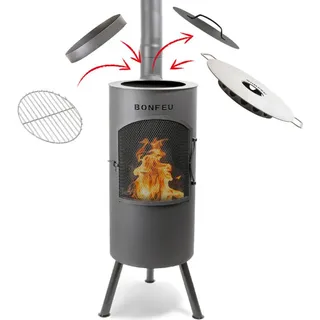 BonFeu BonTino Schwarz - Terrassenofen - Feuerstelle mit Funkenschutz für entspannte Abende - Feuersäule Outdoor - Terrassenkamin mit Grillrost -... - Schwarz