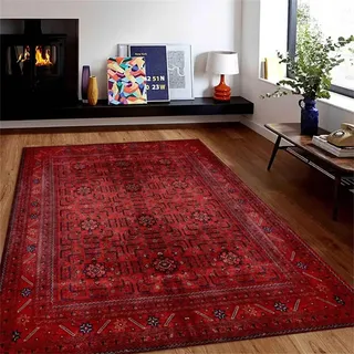 YEGRFJIS Orientalischer Teppich 110x160cm Waschbar rutschfest Dunkelrot Vintage Boho Blumenmuster Wohnzimmer Schlafzimmer Bodenmatte Kurzflor Kaschmir-Optik Büro
