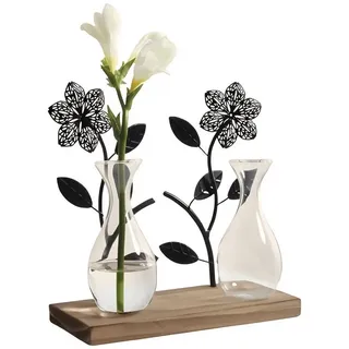 Dekoleidenschaft Dekovase "Flowers" Board aus Holz, 2 Metall Blumen in schwarz, 2 Vasen aus Glas, Dekoboard, Vasenhalter, Blumenvase, Vasenset, Glasvase, Tischdeko schwarz