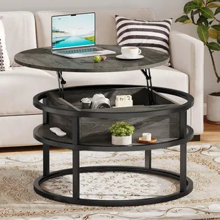 DWVO Couchtische für Wohnzimmer, runder Couchtisch, Couchtisch mit Ablagefläche und verstecktem Fach, rustikaler Couchtisch, Kleiner runder Couchtisch, Holz-Mitteltisch, rustikales