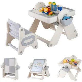 Costway Kindersitzgruppe 6-in-1 mit Tisch und Stühlen 3-stufig höhenverstellbar grau/beige