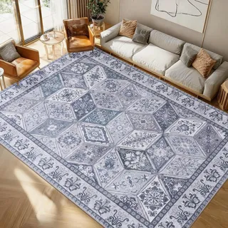Calinline Blau Großer Kurzflor Waschbarer Schlafzimmer Teppich, 200x230 cm | Vintage Teppich Wohnzimmer, Rutschfester Perserteppich Teppiche, Wohnzimmerteppich für Esszimmer Büro Küche Läufer