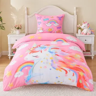 LXIAOY Kinder Bettwäsche 135x200 Einhorn Bettwäsche Set Mädchen, 2-teilig mit 80x80 Kissenbezug, Rosa Unicorn Bettbezug mit Regenbogen Wolken Sterne, Weiche Mikrofaser Bettwäsche Kinderzimmer (Rosa)