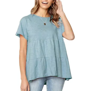 Defal Damen-Tops Sommer Kurzarm locker T-Shirt Babydoll Schößchen - Gr�n - XX-Large - XXL