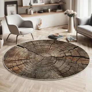 MLSOWM Holzstruktur Teppich Rund 160cm rutschfest Teppiche Wohnzimmer Wachstumsringe Im Baumstamm Waschbar Teppiche Kurzflor Weich Runder Teppich Braun for Wohnzimmer Schlafzimmer Studie Esszimmer