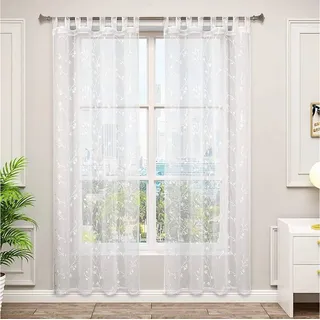 Woltu - Gardinen transparent Blumen Stickerei mit Schlaufen Leinen Optik(2 Stücke) weiß 140x225 cm