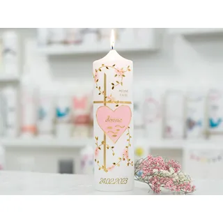 meinkerzenshop Taufkerze Jonna personalisiert mit Name und Datum, individuell und mit Echtwachs handverziert für Junge und Mädchen