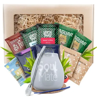 Verde Mate & Soul Mate - Mate Tee Set Geschenkset 10x50g Proben - Keramik Mate Becher 350ml Grau - Bombilla - Yerba Luftgetrocknet & Rauchig